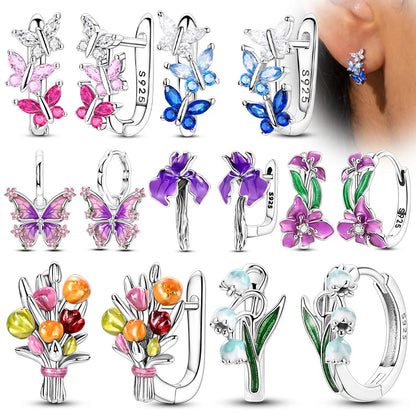 Original 925 Sterling Silver Hoop Earrings Women's Fashion Jewelry Butterfly Iris Lily of the Valley Tulip Flower Luxury Earring