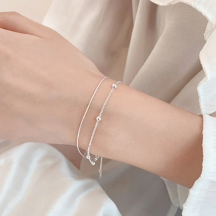 Real Money Korean 925 Sterling Silver 2-layer Smooth Beads Ball Chain Bracelet For Women Girls Homme Wedding Party Jewelry Gift