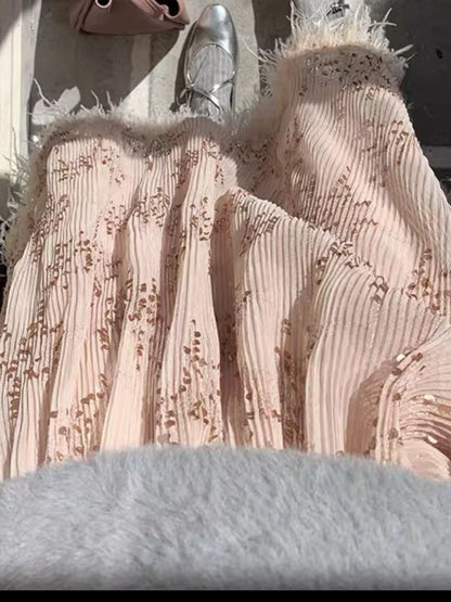 American Vintage Pink Sequin Maxi Skirt Women High Waist Slim Fit Long Skirt Feather Hem Elegant Sweet Shiny Party Date Outfit