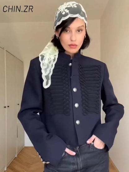 Vintage Women's Cropped Napoleon Jacket Stand Collar Single Breasted Hussar Jackets 2026 Autumn Lady Chic Black Outwear New