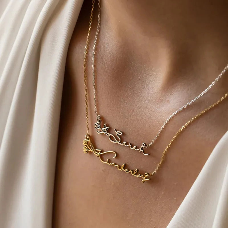 Name Necklace with Birth Flower Custom Birth Month Flower Stainless Steel  Floral Name Necklace Minimalist Jewelry Gift for Her