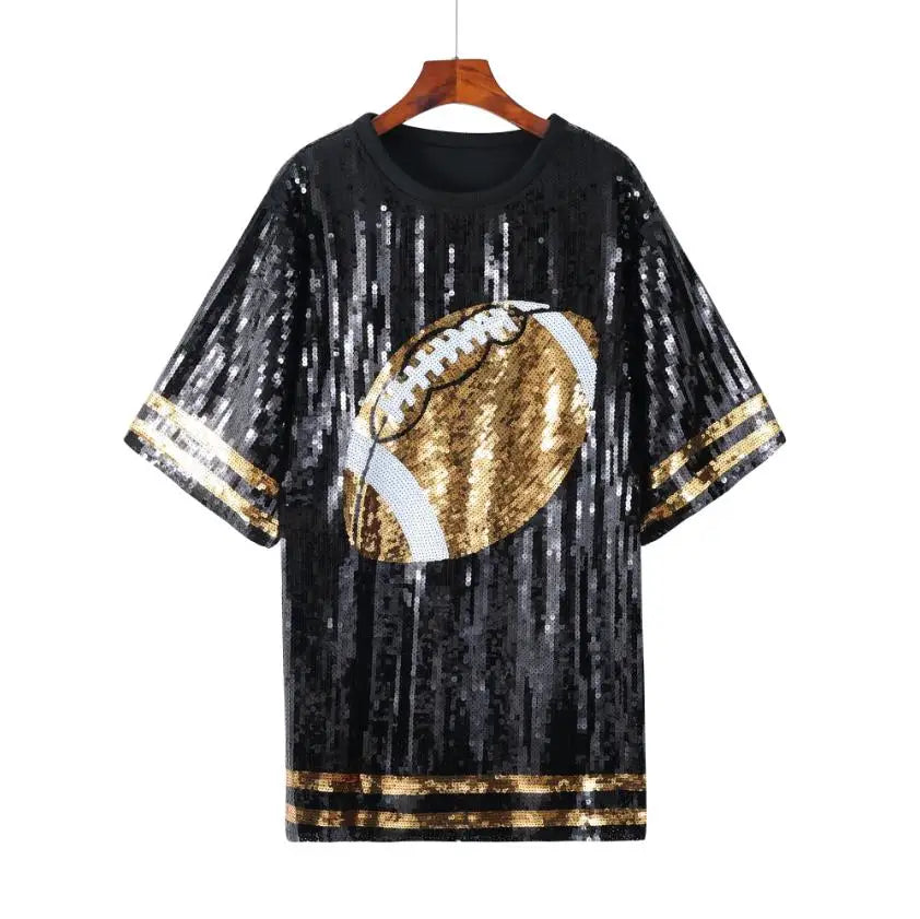 Summer Contrast Color Patchwork Geometry Letter Streetwear Short T-Shirt Sequins Hip Hop Night Club Women's Tops