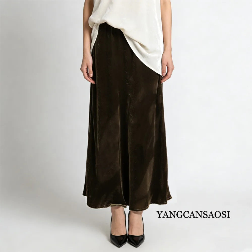 2026 Women's Early Spring New Plus Size Elegant 30% Natural Mulberry Silk Velvet Premium Versatile Solid Color Fishtail Skirt
