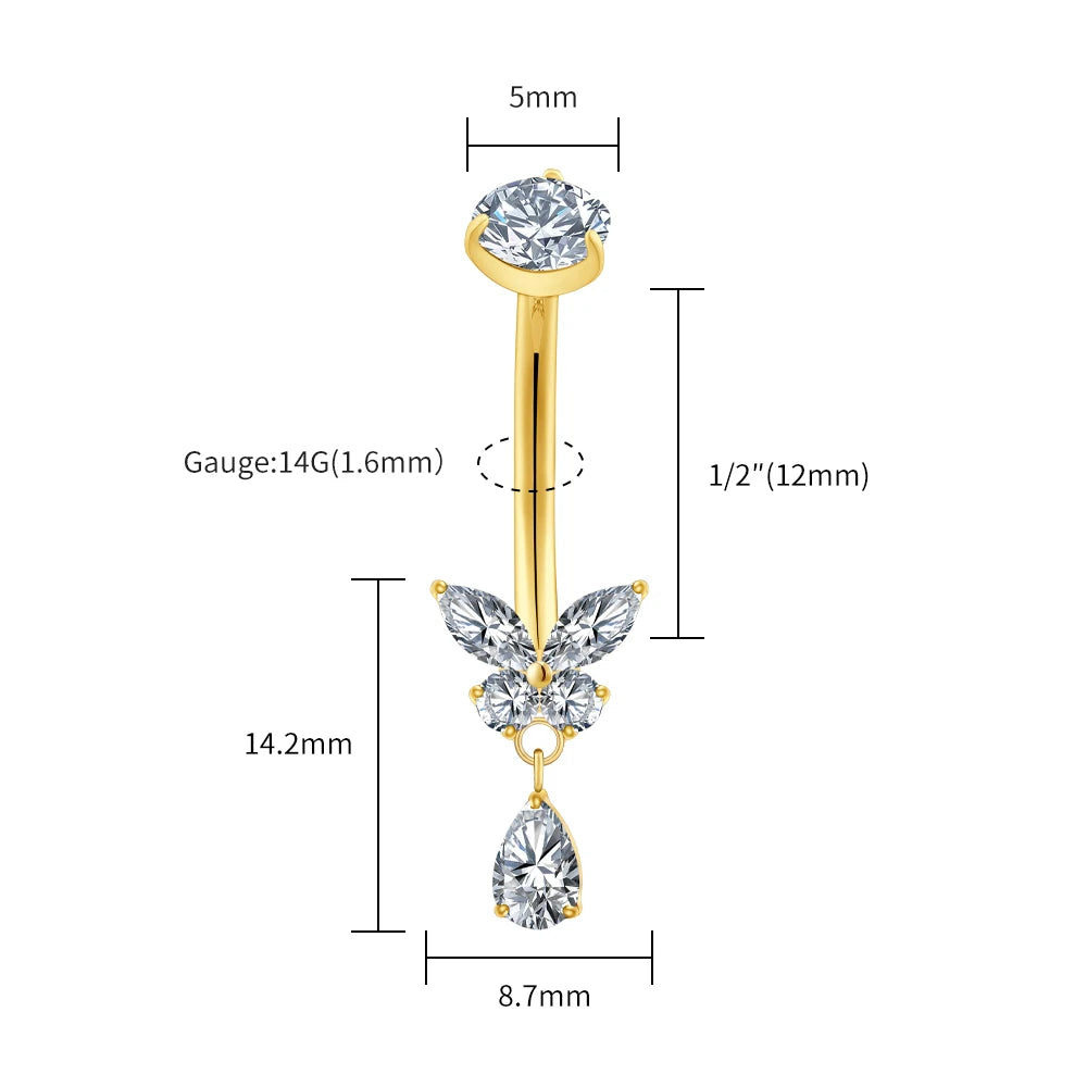 Right Grand ASTM F136 Titanium Butterfly CZ Dangle Belly Button Ring 14G Teardrop Drop Navel Curved Barbell Piercing Jewelry