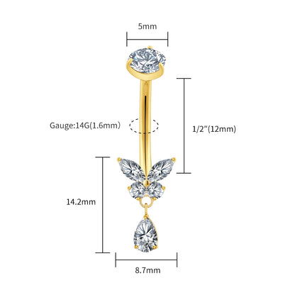 Right Grand ASTM F136 Titanium Butterfly CZ Dangle Belly Button Ring 14G Teardrop Drop Navel Curved Barbell Piercing Jewelry
