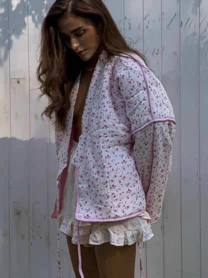 Casual Flower Printed Women Thick Coat Loose Lace Up Full Sleeve Female Quilted Jackets 2024 Autumn Winter Warm Lady Outwears