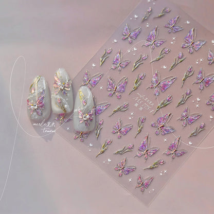 Red Butterfly 5D Nail Sticker Nail Art Decoration Spring Flowers Nail Art Decal Relief Sticker Press on Nails