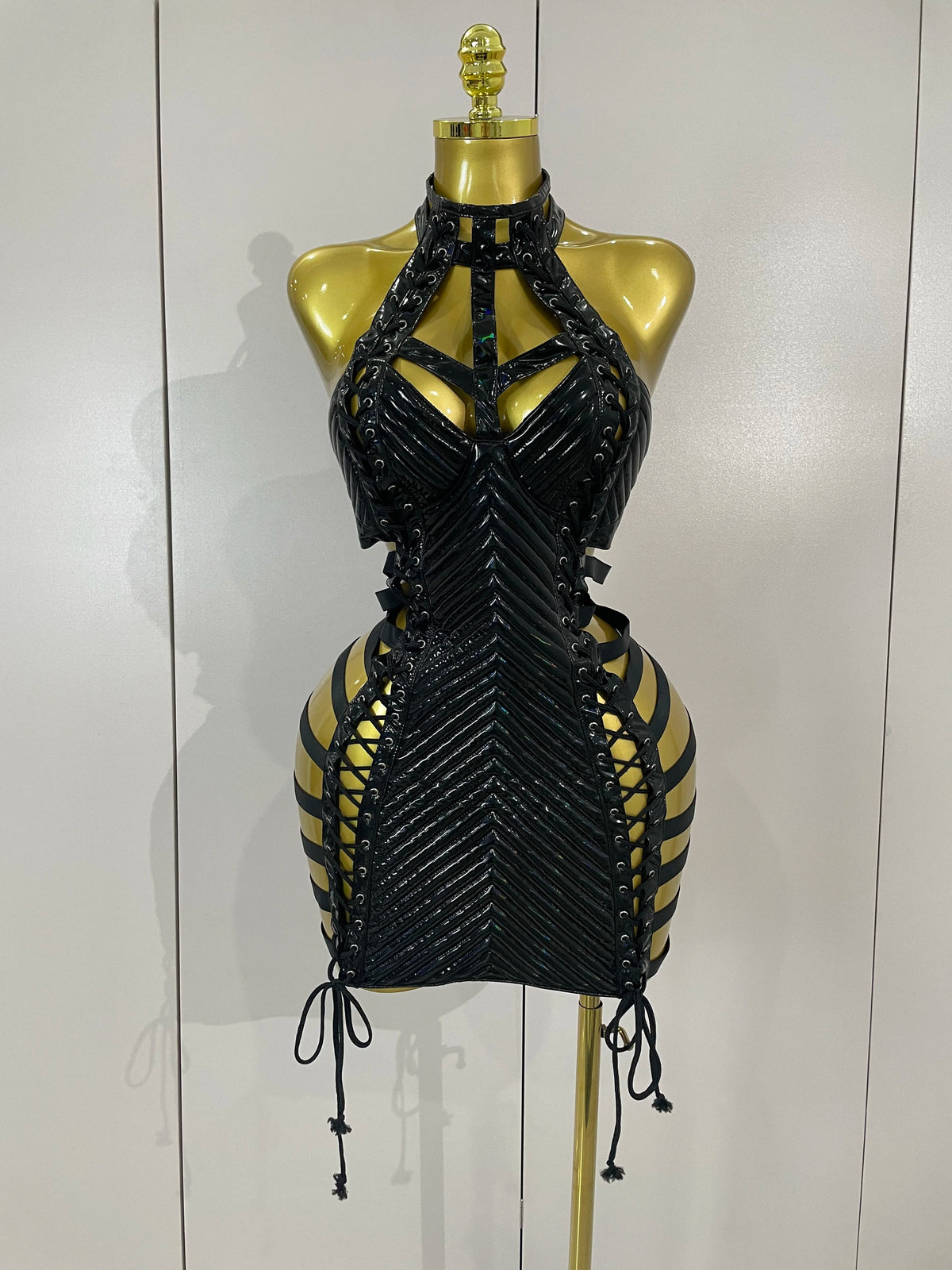 Sexy Black Leather Hollow Out Gothic Bandage Halter Short Dress Women Gogo Dance Singer Nightclub Bar Performance Stage Wear