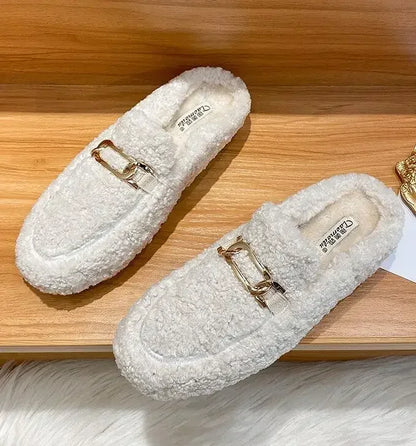Winter Warm Plush Half Slippers Woman Outdoor Furry Mocasines Warm Slip on Cotton Shoes Woman Flats Cover Toe Curly Fur Slides