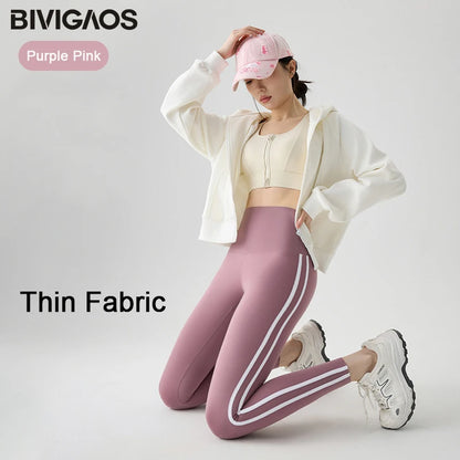 BIVIGAOS New Autumn White Striped Light Fleece Leggings Women Winter Pants High Waist Slim Velvet Thick Sport Warm Leggings
