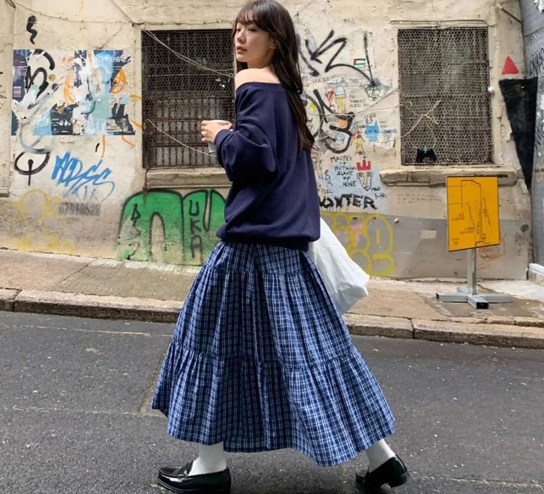 Women Vintage Blue Plaid Tiered Long Skirt High Waist Loose Pleated Maxi Skirt Casual A Line Flowy Ruffled Hem Midi Skirt Street