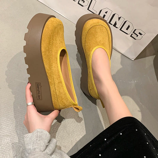 Aphixta 2025 New Suede Platform Shallow Woman Shoes Yellow Loafers Spring Woman Fashion Shoes Concise Chunky Heel Shoes Woman