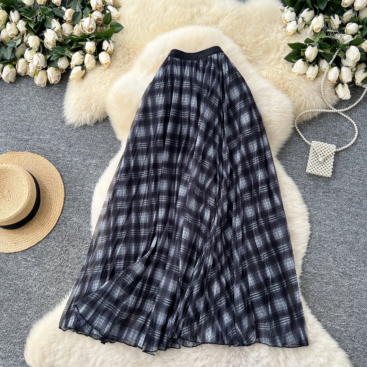 High Waist A-Line Midi Skirt Women's Plaid Elastic Waist Slimming Skirts Commute Korean Style Standard Fit Polyester Fiber