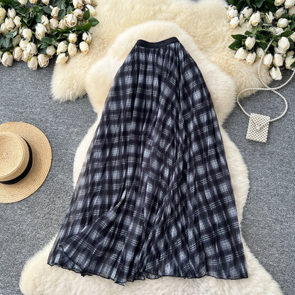 High Waist A-Line Midi Skirt Women's Plaid Elastic Waist Slimming Skirts Commute Korean Style Standard Fit Polyester Fiber