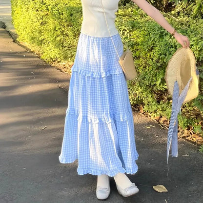 Spring Women Skirts Summer Casual Plaid Midi Skirts for Women Autumn High Waist A-line Cake Skirts Female College Girls Clothing