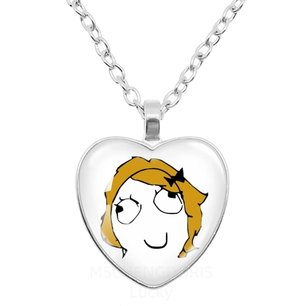 Rage Comic Necklace Derp Face Trollface Funny Meme Cartoon Glass Heart Shape Pendant Chain Necklace Charm Jewelry Collect Gift