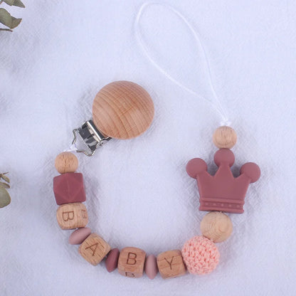 Handmade Beech Wood Baby Pacifier Chain Crown Silicone Beads Infant Appease Soother Clips Anti-Drop Dummy Holder Nipple Clip