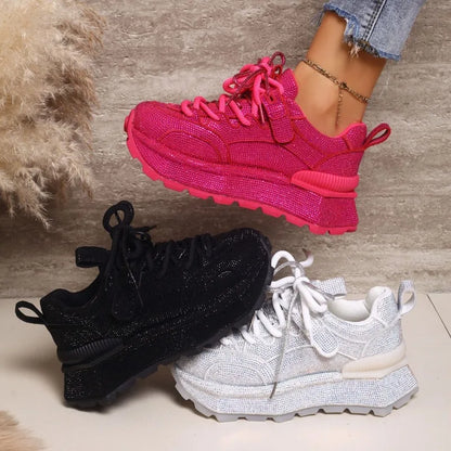 Full Diamond Fashion Sneakers Spring and Autumn New Round Toe Lace-up Platform Non-slip Single Shoes