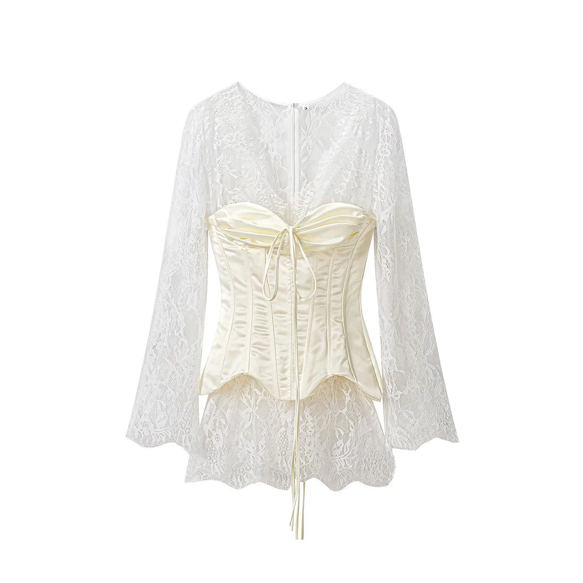 Fashionable Short Lace Splice Long Sleeve Ribbon Tie Dress Women's Autumn 2026 New Arrival Individual Personality Dress