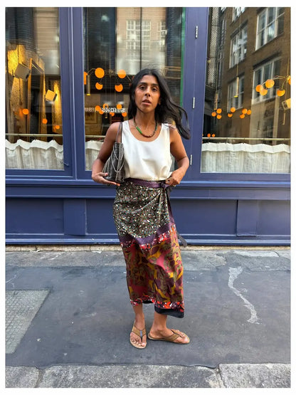Women's Boho Printed Wrap Midi Skirt Self‑tie Satin High‑waist Split Loose Long Skirts 2026 New Summer Holiday Street Clothes