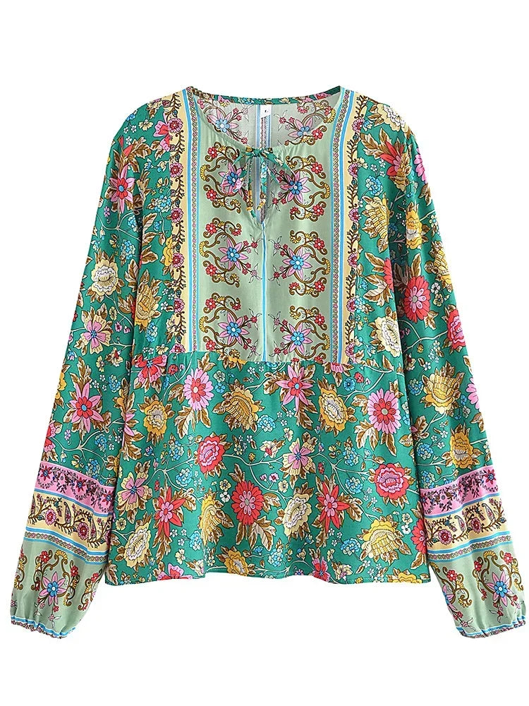 Vintage Chic Women Green Floral Printed V-neck Lace-up Bohemian Blouse Shirts Long Sleeve Tassel Rayon Tops Boho Shirt Blusas