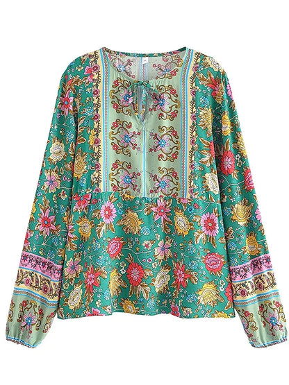 Vintage Chic Women Green Floral Printed V-neck Lace-up Bohemian Blouse Shirts Long Sleeve Tassel Rayon Tops Boho Shirt Blusas