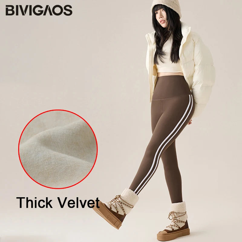 BIVIGAOS New Autumn White Striped Light Fleece Leggings Women Winter Pants High Waist Slim Velvet Thick Sport Warm Leggings