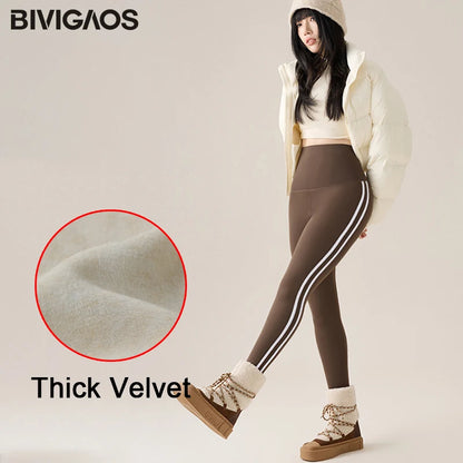 BIVIGAOS New Autumn White Striped Light Fleece Leggings Women Winter Pants High Waist Slim Velvet Thick Sport Warm Leggings