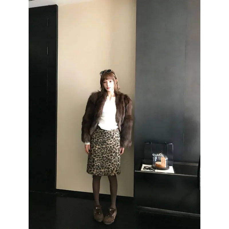 Women Leopard Print Midi Pencil Skirt High Waist Bodycon Casual Straight Knee Length Bottoms