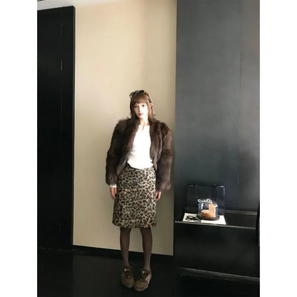 Women Leopard Print Midi Pencil Skirt High Waist Bodycon Casual Straight Knee Length Bottoms