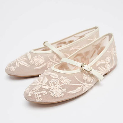 Embroidery Flowers Pearl Mesh Round Tor Ballet Flats Woman Loafers Buckle Strap Ladies Mary Jane Mules Shoes Zapatos De Mujer