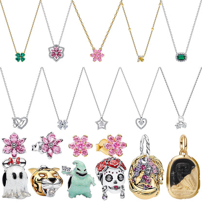 925 Sterling Silver Floral Necklaces Stud Earrings Charms Four‑Leaf Clover Sugar Skull Tiger Ghost Beads Fit Bracelet Jewelry