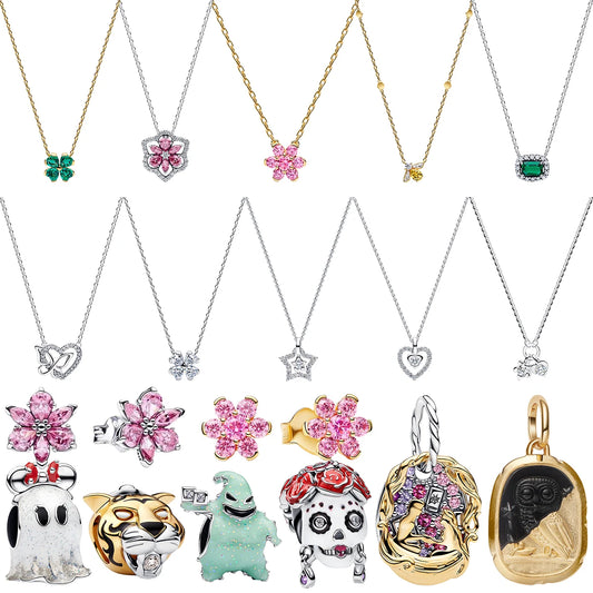 925 Sterling Silver Floral Necklaces Stud Earrings Charms Four‑Leaf Clover Sugar Skull Tiger Ghost Beads Fit Bracelet Jewelry