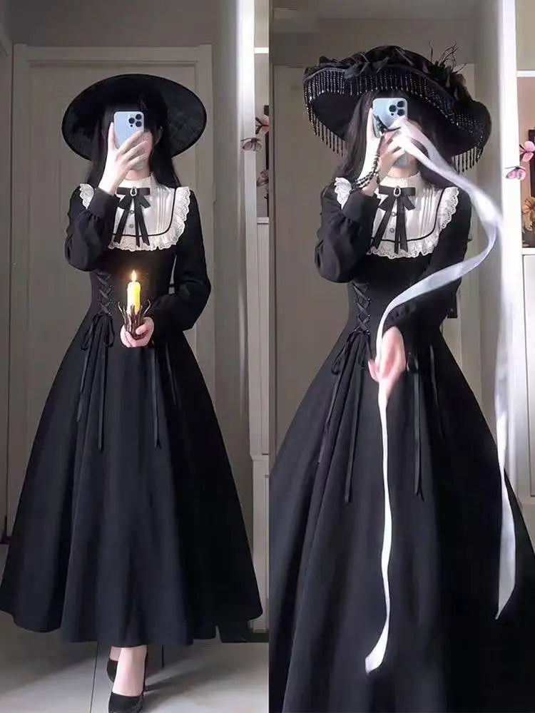 Japanese Gothic Vintage Black Dress Slim Elegant Midi Dress Solid Retro Fashion Party Dress Woman Korean Style Chic
