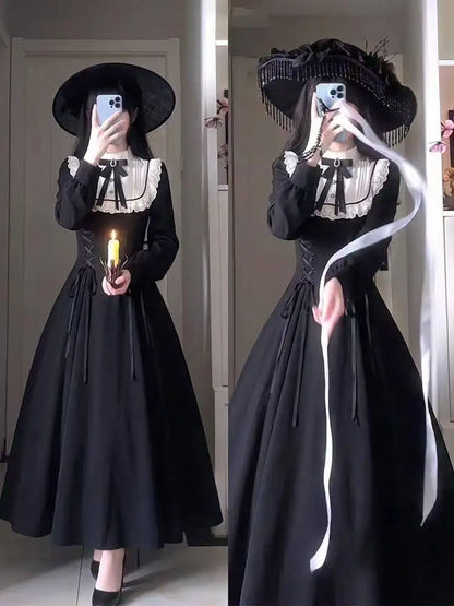 Japanese Gothic Vintage Black Dress Slim Elegant Midi Dress Solid Retro Fashion Party Dress Woman Korean Style Chic