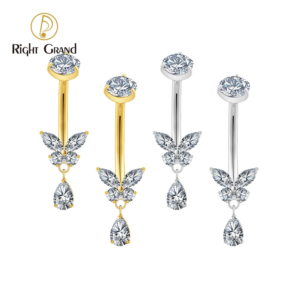 Right Grand ASTM F136 Titanium Butterfly CZ Dangle Belly Button Ring 14G Teardrop Drop Navel Curved Barbell Piercing Jewelry