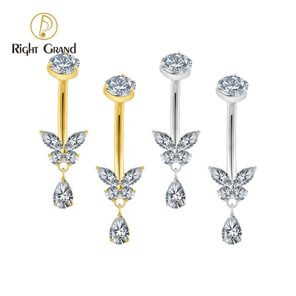 Right Grand ASTM F136 Titanium Butterfly CZ Dangle Belly Button Ring 14G Teardrop Drop Navel Curved Barbell Piercing Jewelry
