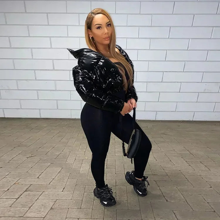 Women Cotton-padded Jacket Jacket Fashion Casual Glossy Long Sleeve Autumn And Winter Stand Collar Short Zipper Sexy Warm Street