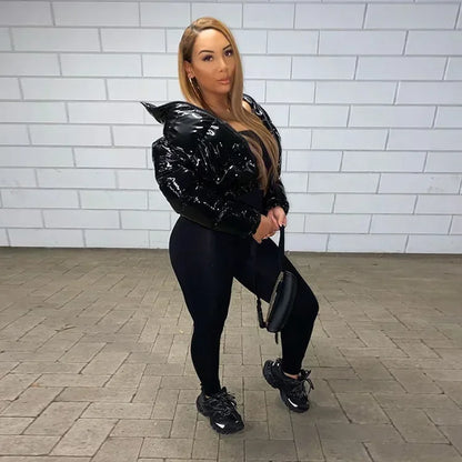 Women Cotton-padded Jacket Jacket Fashion Casual Glossy Long Sleeve Autumn And Winter Stand Collar Short Zipper Sexy Warm Street