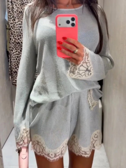 Stylish Blue Lace Trim Mesh Knit Top O-Neck Long Sleeve Loose Tops High Waist Shorts Suit Lady Autumn Casual Vacation Streetwear