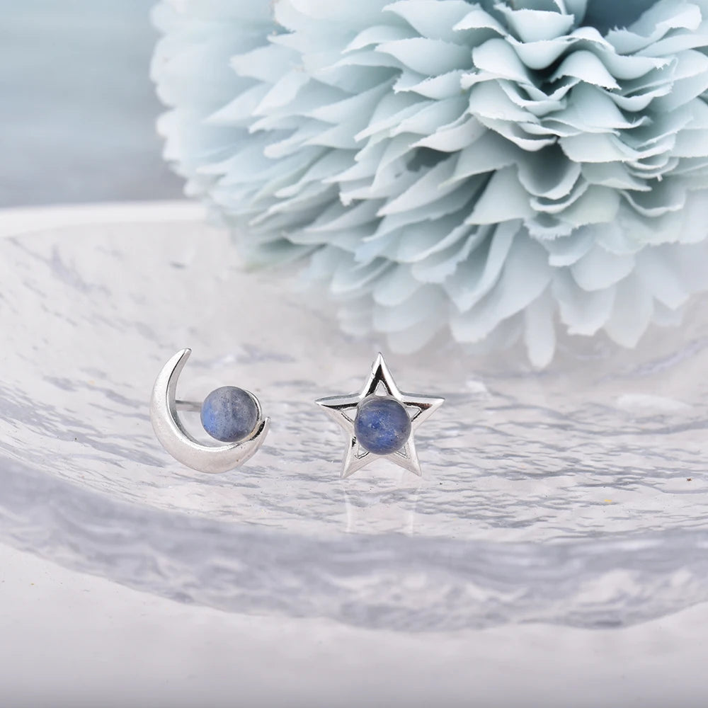 ITSMOS Natural Labradorite Moon Star Earrings Studs Handmade Polish Tarnish Resistant Earring for Women Jewelry Girl Gift