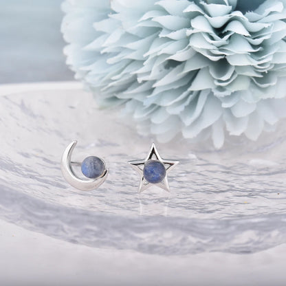 ITSMOS Natural Labradorite Moon Star Earrings Studs Handmade Polish Tarnish Resistant Earring for Women Jewelry Girl Gift