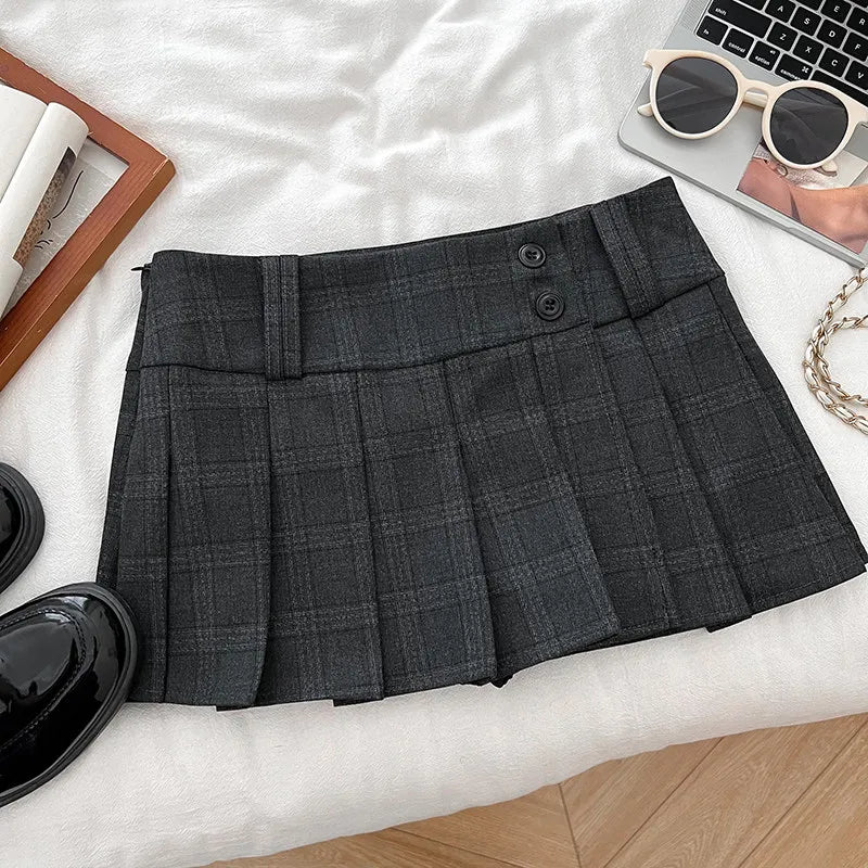 Women Khaki A-line Plaid Pleated Skirt Vintage Fashion Y2K Gyaru Skirt High Waist Preppy Style Retro Midi Skirt for Women Summer