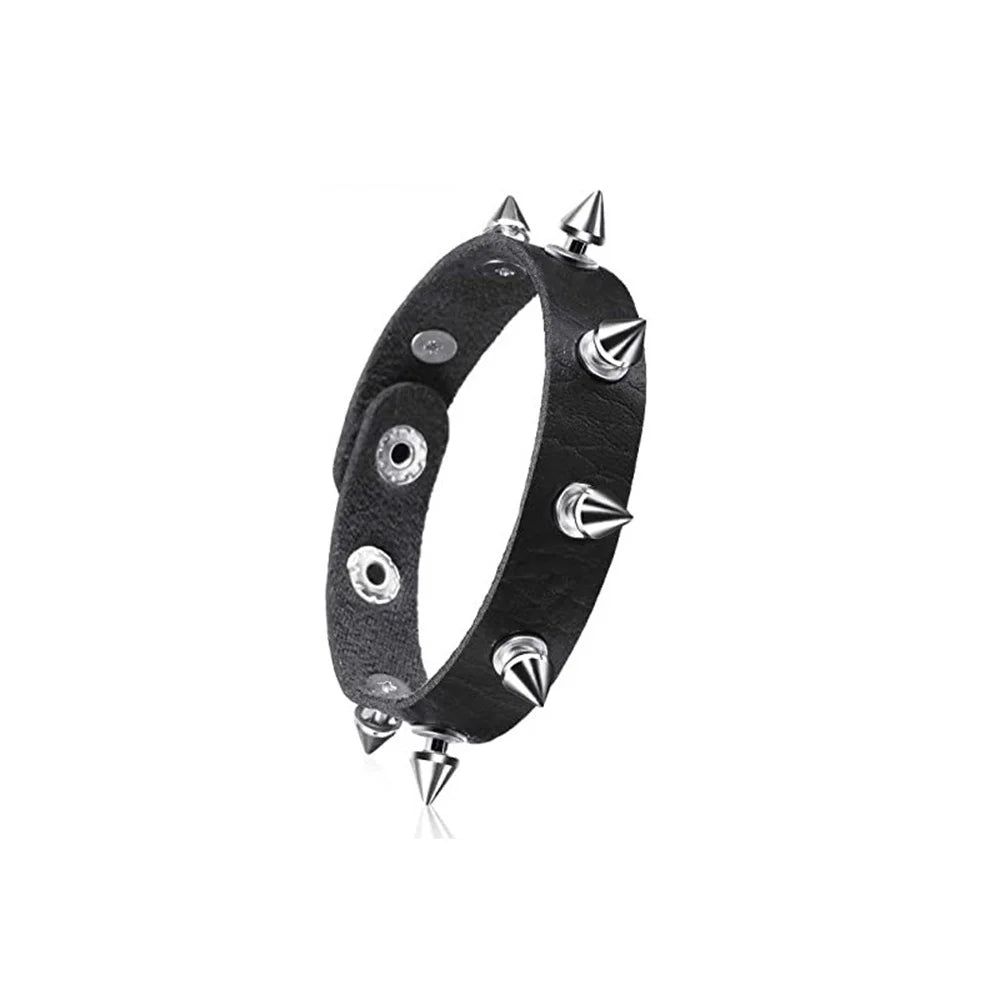 80s Black Round Square Gothic Spike Bracelet Punk Rock Bracelet Studded Faux Leather Bracelet for Men Women