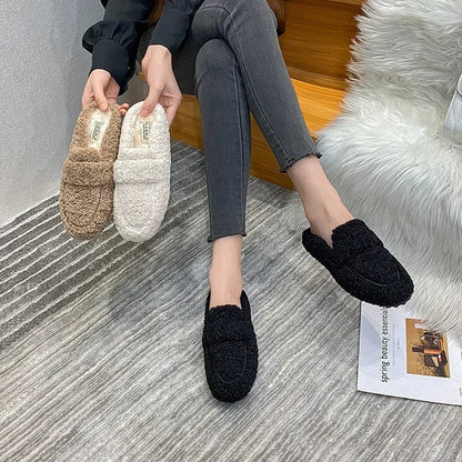 Winter Warm Plush Half Slippers Woman Outdoor Furry Mocasines Warm Slip on Cotton Shoes Woman Flats Cover Toe Curly Fur Slides