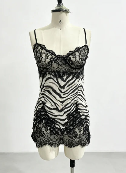 Sexy Spaghetti Strap Zebra Print Slip Dress Scalloped Lace Hem V Neck Bodycon Mini Skirt Women Summer Date Party Holiday Outfit