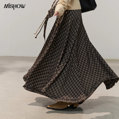 MISHOW Women's Plaid Ruffle Hem Midi Skirt with Belt 2026 Summer High Waist A-Line Skirt Loose Fit Vintage Long Skirt MXF14B2483