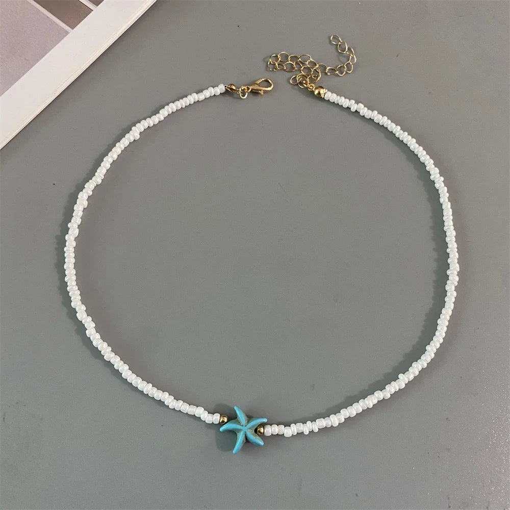 Shell Starfish Woman Short Necklace Summer Holiday Gift Handmade Choker  Seed Beads Neck Jewelry White