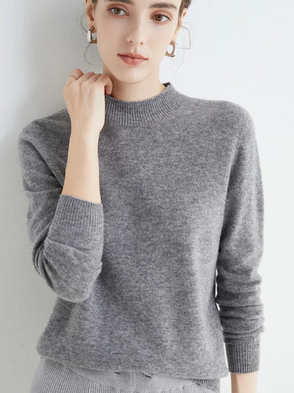 First-Line Seamless Women's Half-Turtleneck 100% Pure Wool Sweater Solid Color Long Sleeve Pullover Knitted Bottoming Sweater