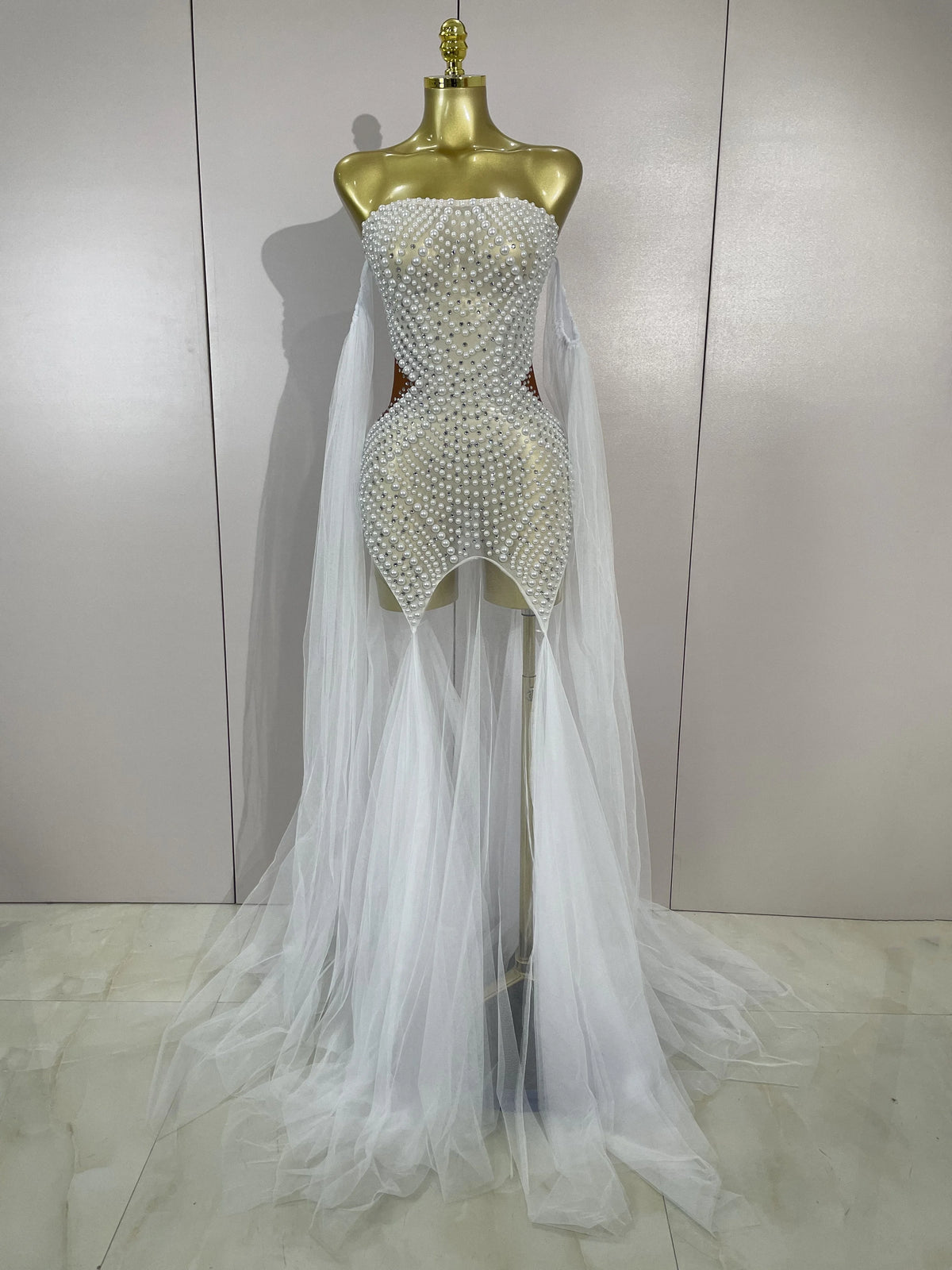 Elegant Sparkly Rhinestone White Pearl Sexy Strapless Mesh Long Dress Wedding Guest Gowns Luxury Birthday Evening Party Dress